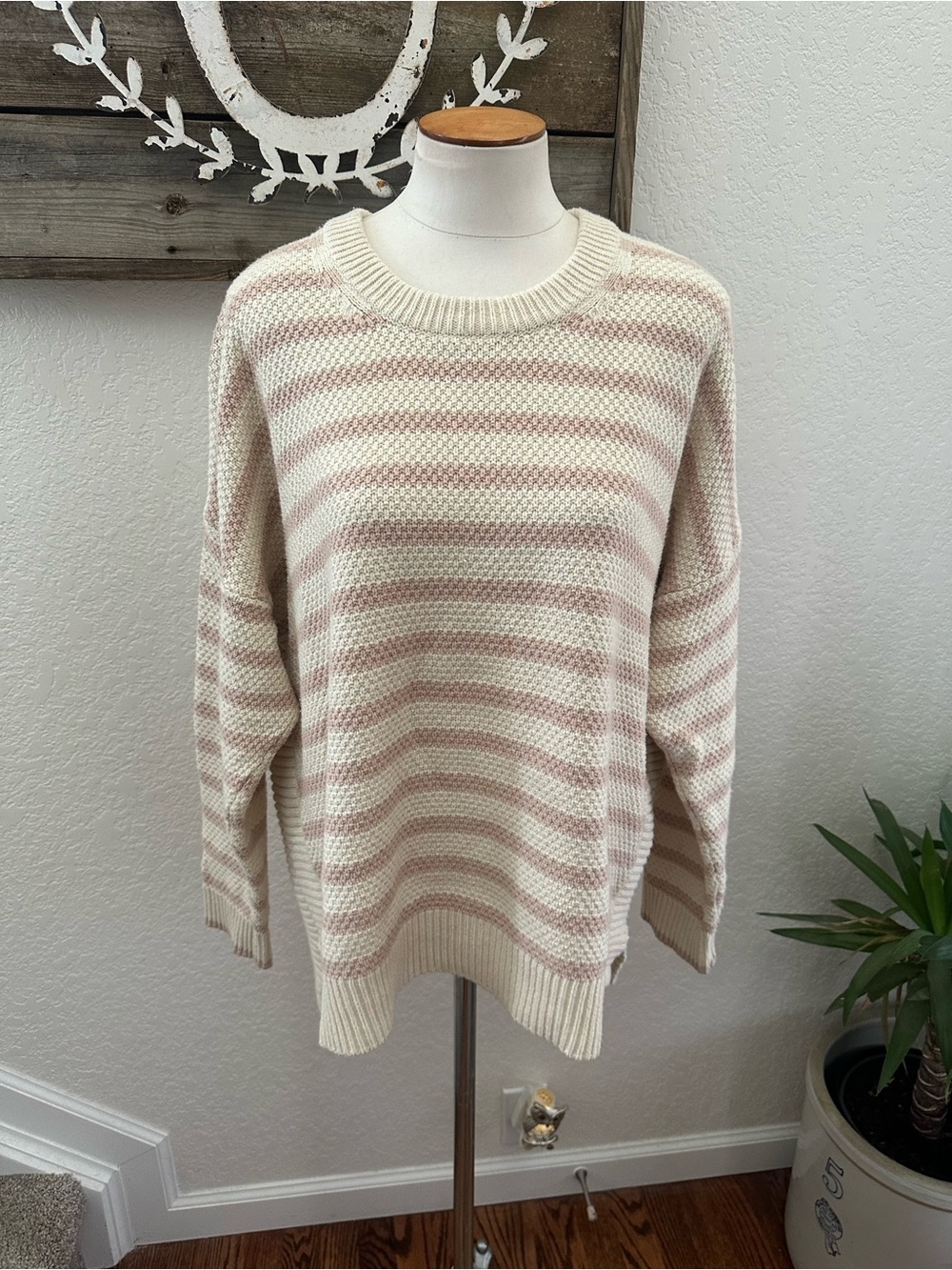 Madewell Striped Crewneck Sweater in Cream and Light Pink cotton blend size 1X